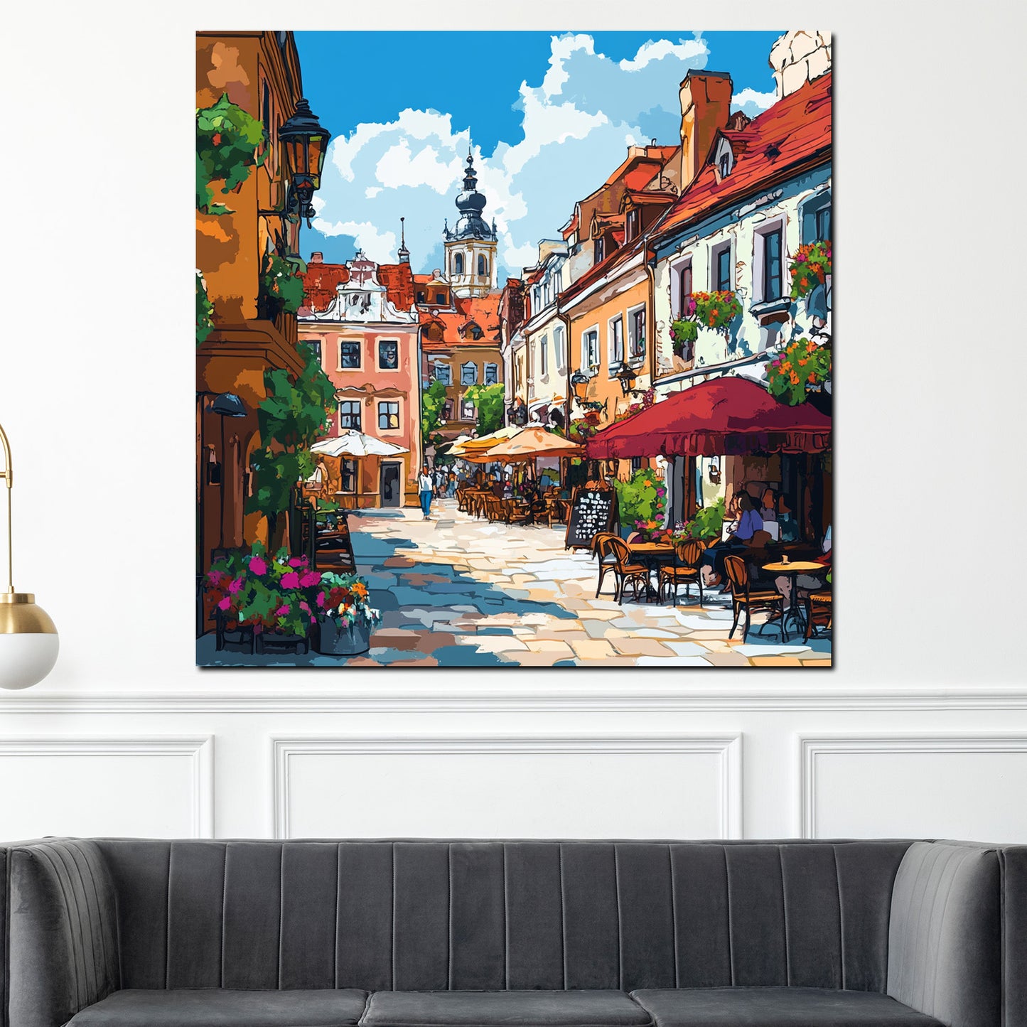 Wandbild Kunstwerk Städte Altstadt Flair Straßencafé Blumen Farbenpracht modern
