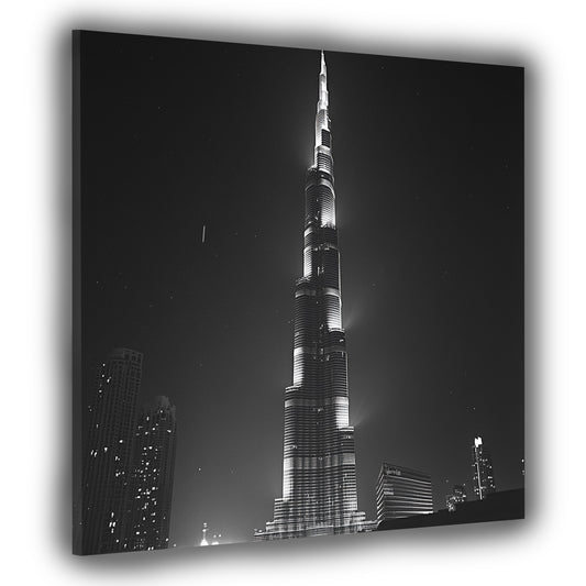 Wandbild Kunstwerk Städte Dubai Hochhaus Burj Khalifa Licht schwarz weiß