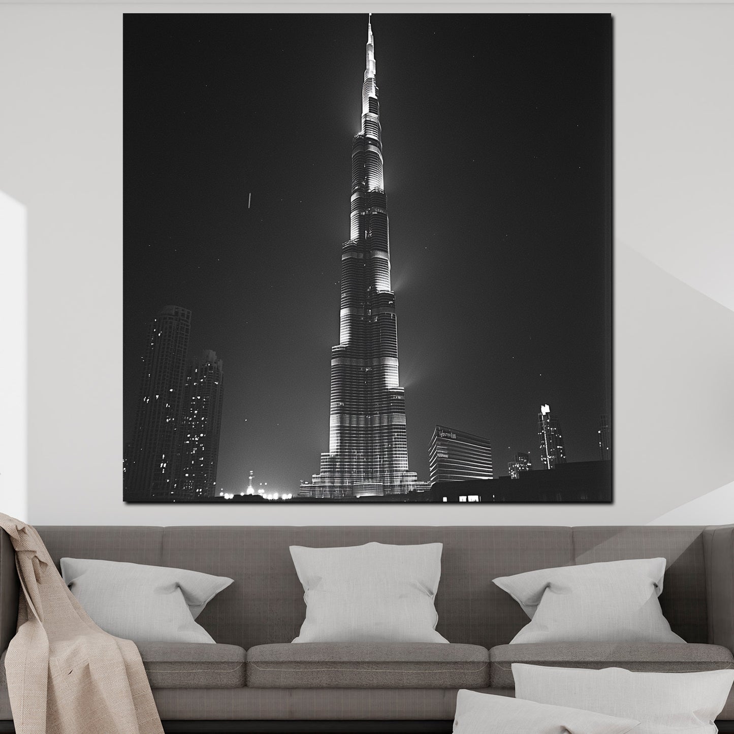 Städte Dubai Hochhaus Burj Khalifa Licht schwarz weiß Wandbild Kunstwerk