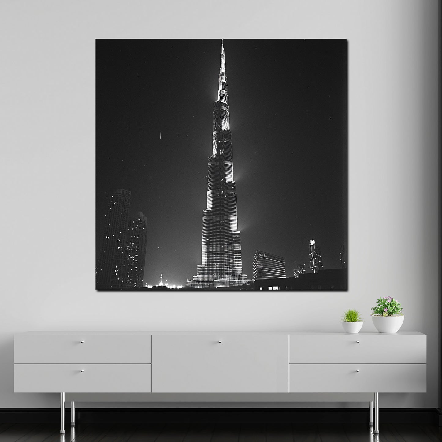 Städte Dubai Hochhaus Burj Khalifa Licht schwarz weiß Wandbild Kunstwerk