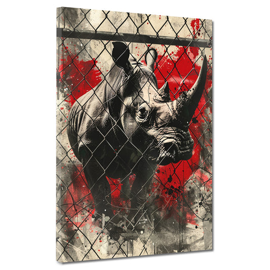 Wandbild Kunstwerk Street Art Nashorn hinter Zaun Farbspritzer modern