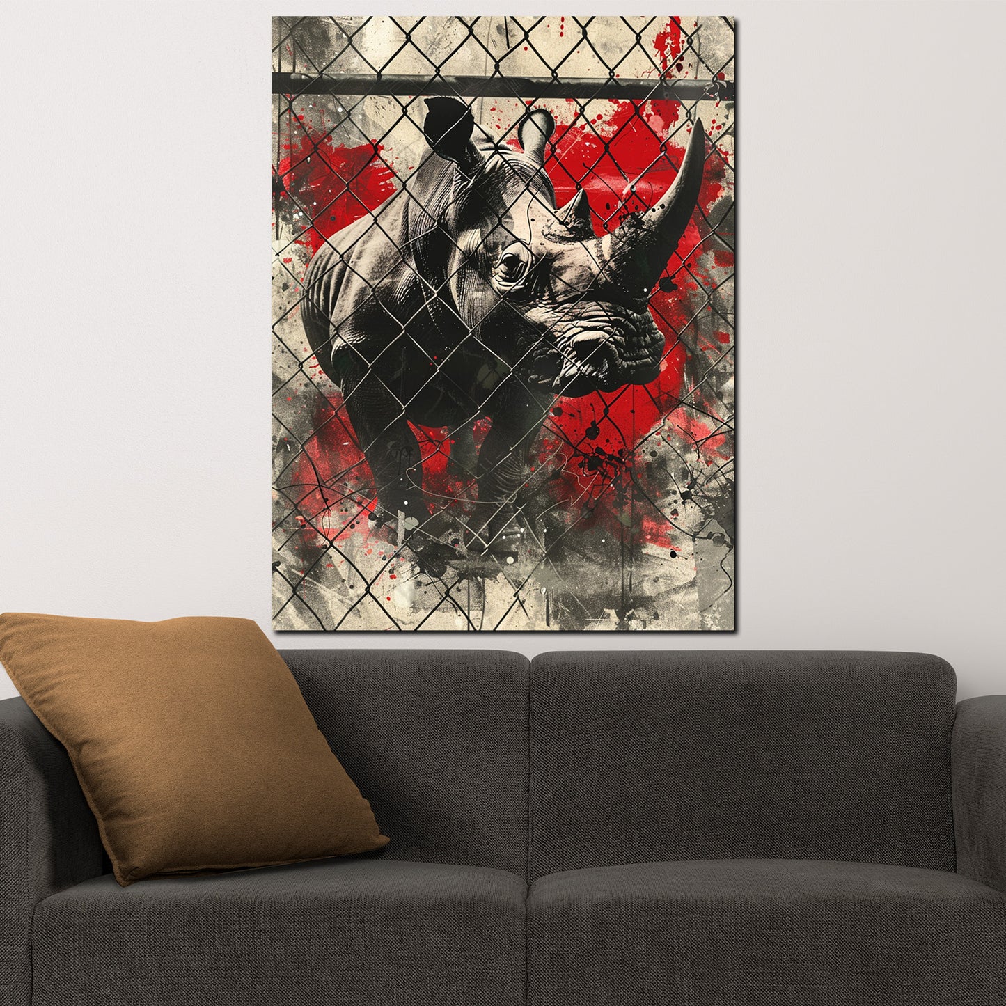 Wandbild Kunstwerk Street Art Nashorn hinter Zaun Farbspritzer modern