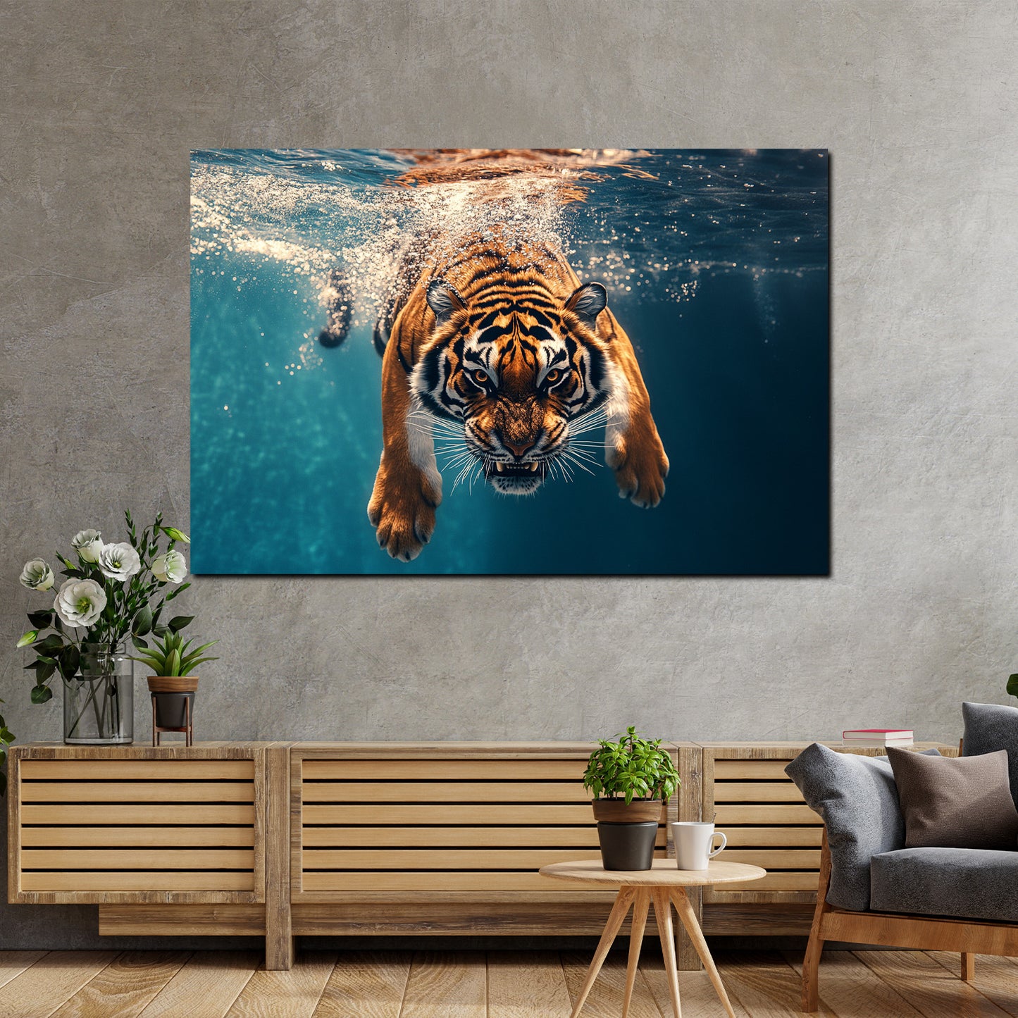 Wandbild Kunstwerk Tiger Kraft Tiermotiv Wasser Dynamik modern