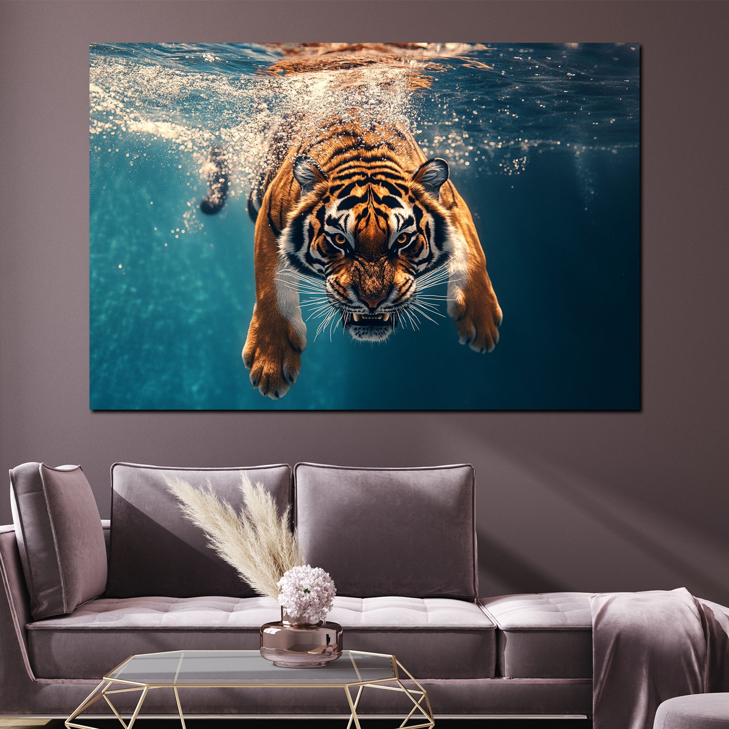 Wandbild Kunstwerk Tiger Kraft Tiermotiv Wasser Dynamik modern