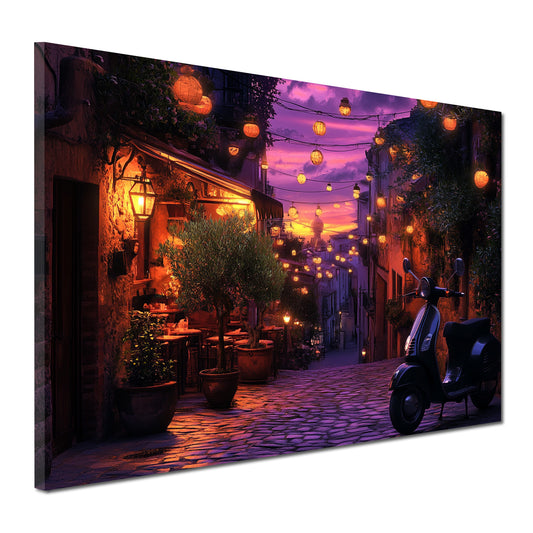 Wandbild Kunstwerk Toskana romantischer Sommerabend Vespa Gasse Lichter