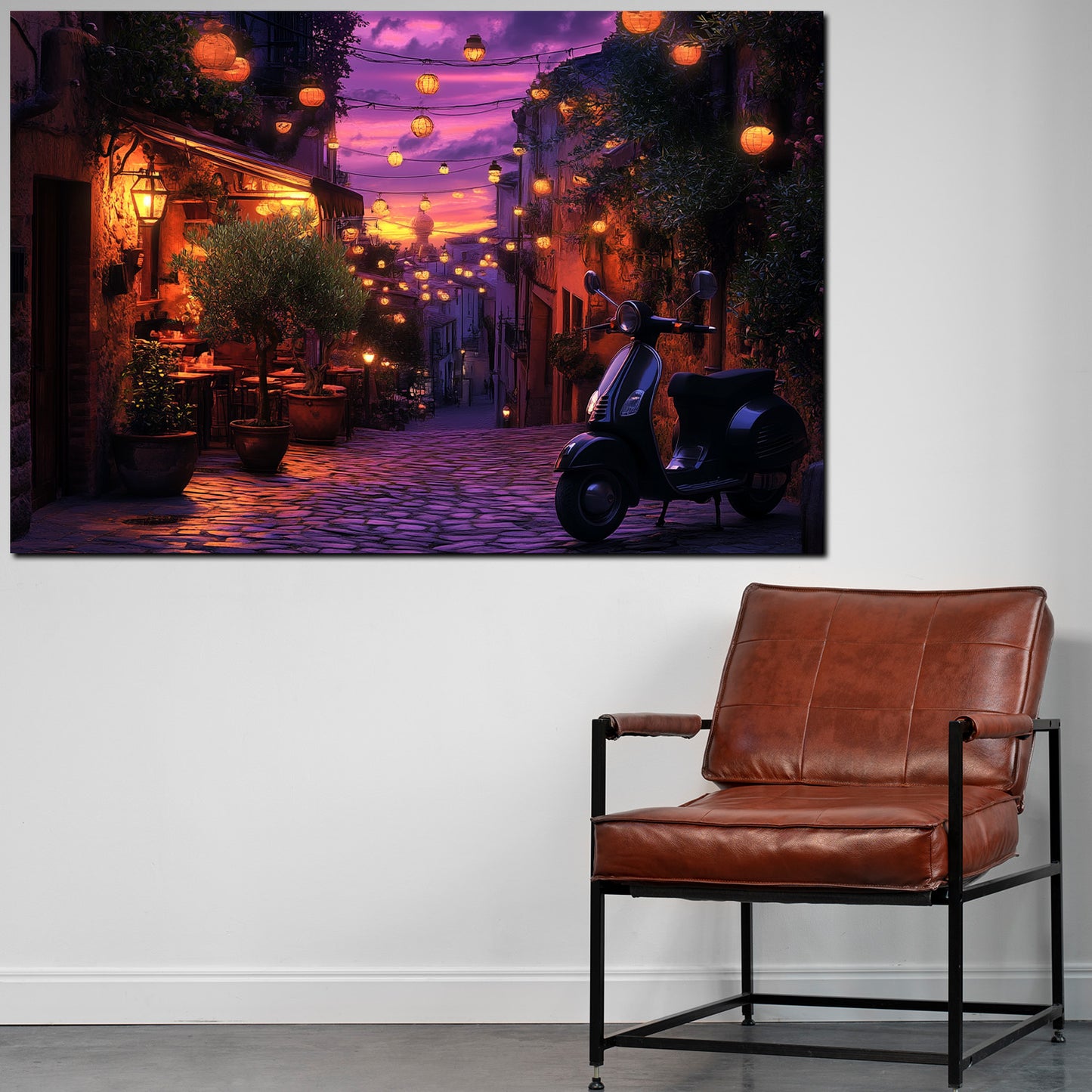Wandbild Kunstwerk Toskana romantischer Sommerabend Vespa Gasse Lichter