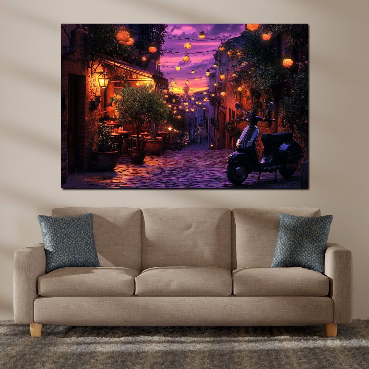 Wandbild Kunstwerk Toskana romantischer Sommerabend Vespa Gasse Lichter
