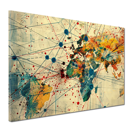 Wandbild Kunstwerk Weltkarte Kontinente Verbindungen Farbspritzer global modern