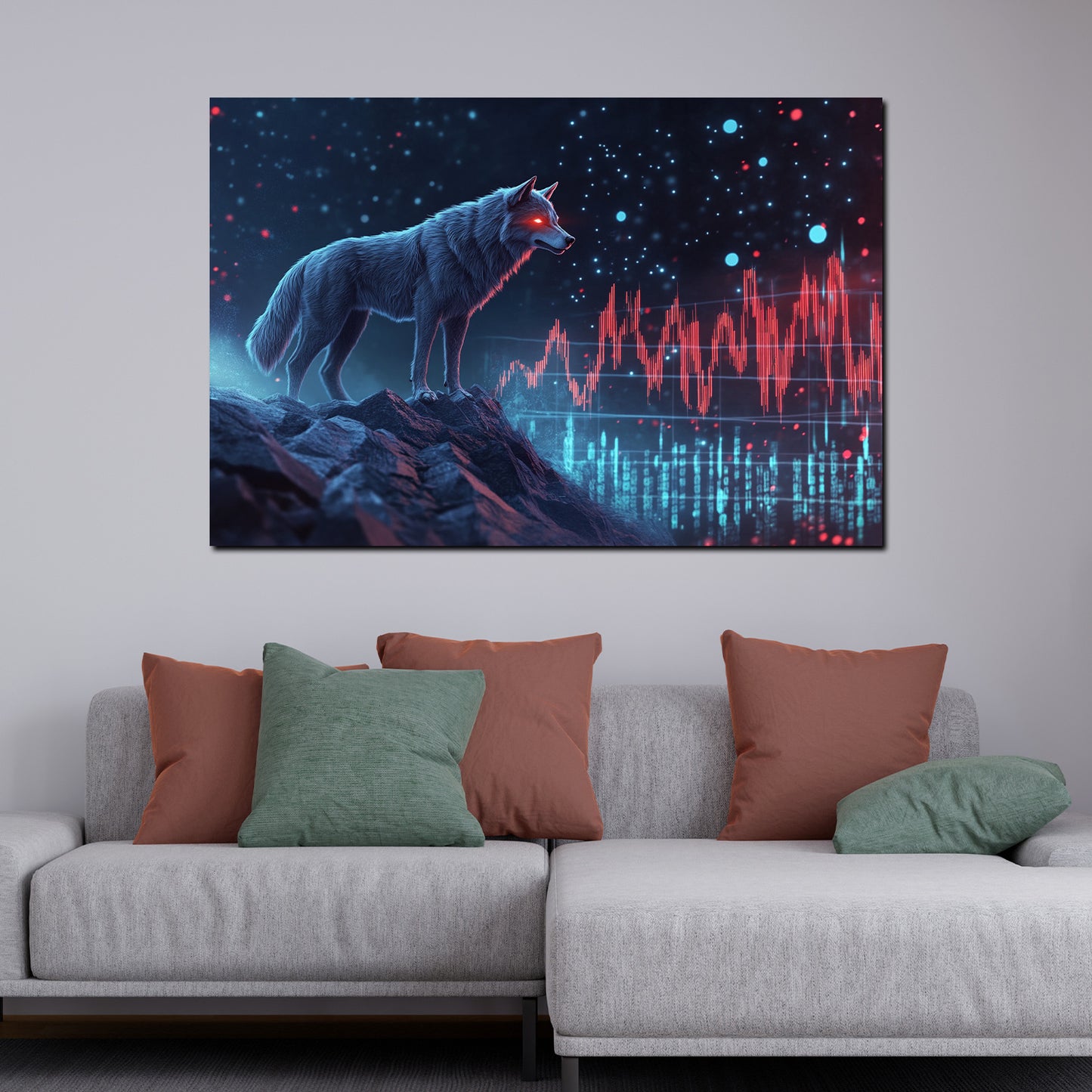 Wolf mit Aktienchart Börse futuristisch Wandbild Kunstwerk