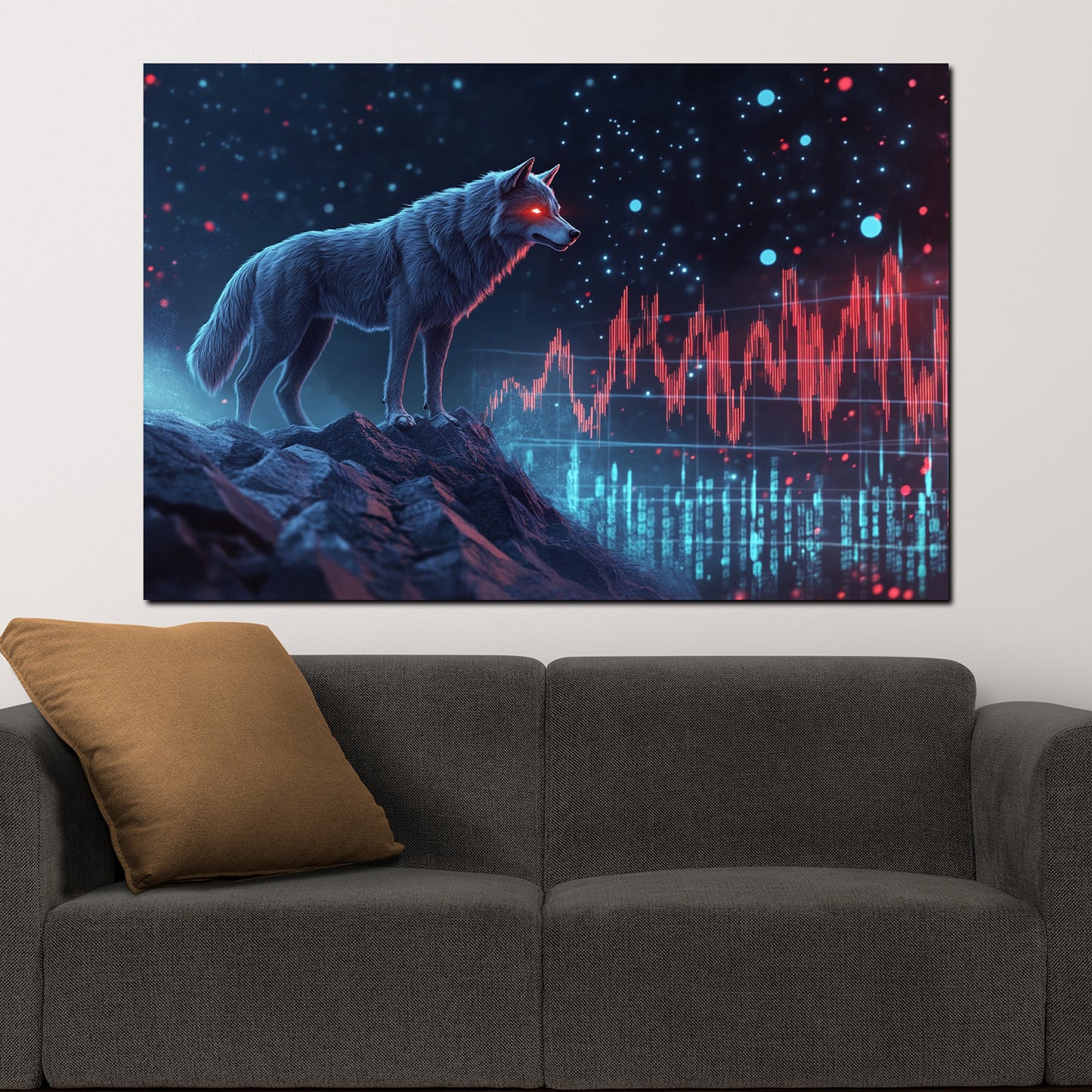 Wolf mit Aktienchart Börse futuristisch Wandbild Kunstwerk