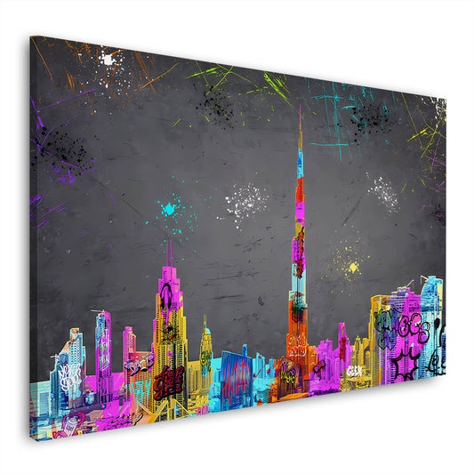 Wandbild Kunstwerk abstrakt Dubai Wolkenkratzer Graffiti