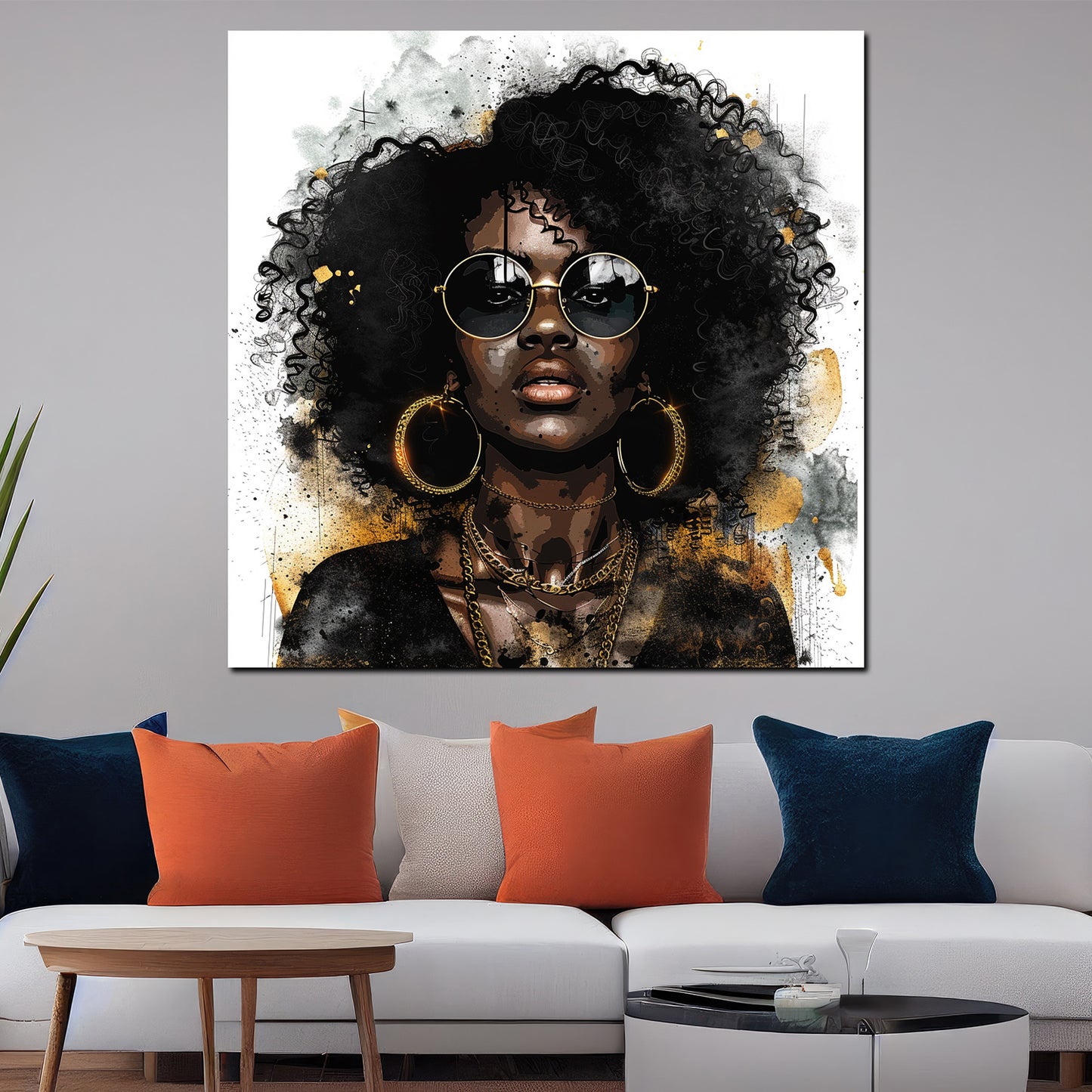 Abstrakt Frau mit Afrolook und goldenen Accessoires Wandbild Kunstwerk