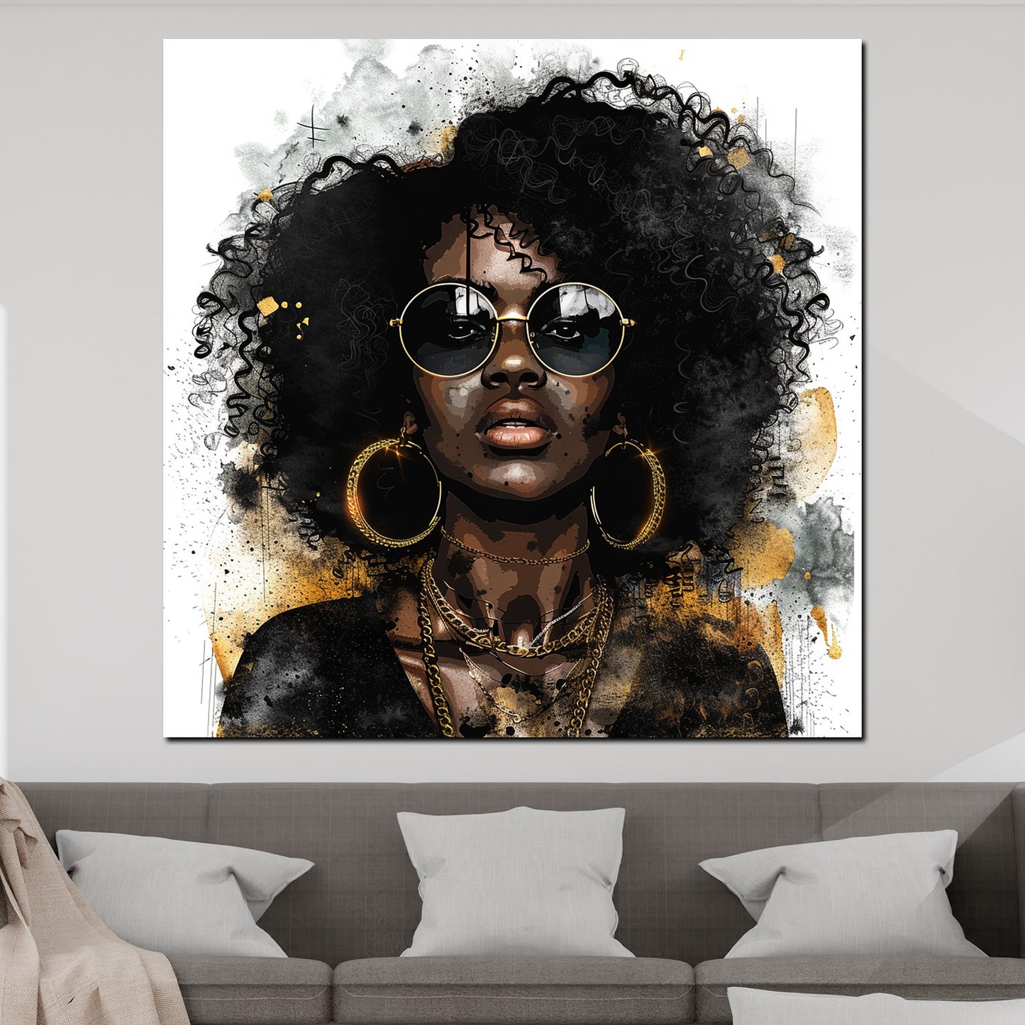 Abstrakt Frau mit Afrolook und goldenen Accessoires Wandbild Kunstwerk