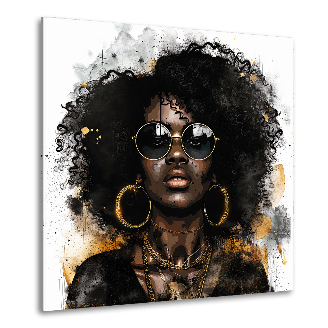 Abstrakt Frau mit Afrolook und goldenen Accessoires Wandbild Kunstwerk