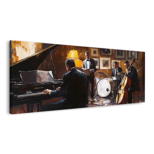 Wandbild Kunstwerk abstrakt Jazzband mit Klavier und Schlagzeug in stilvollem Ambiente