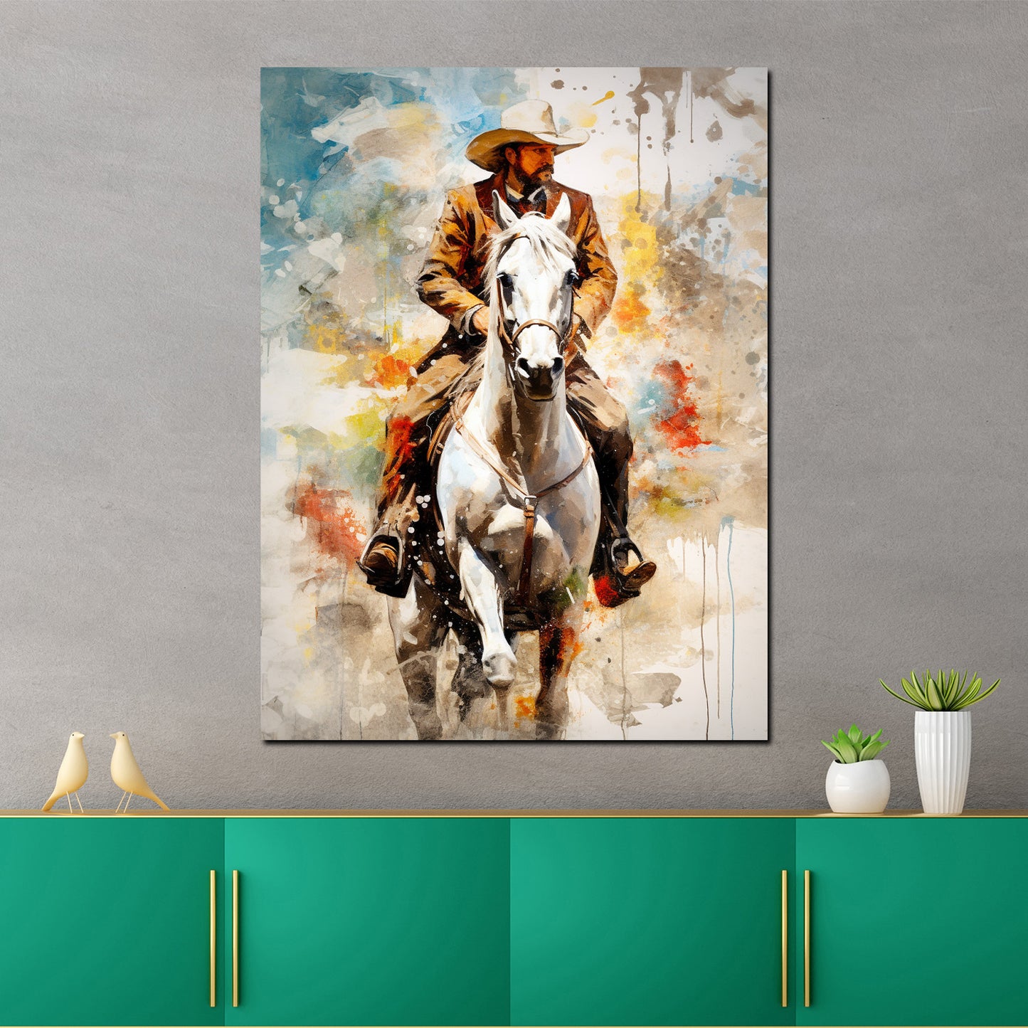 Kunstwerk Cowboy Western Wandbild Mann auf Pferd Pop Art