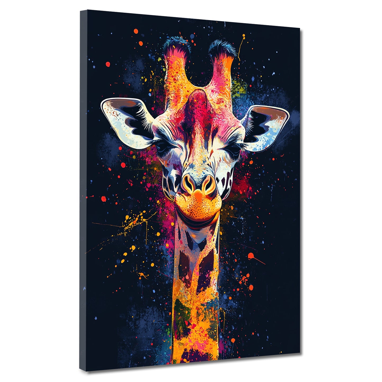 Wandbild Kunstwerk Pop Art Giraffe mit Farbspritzern