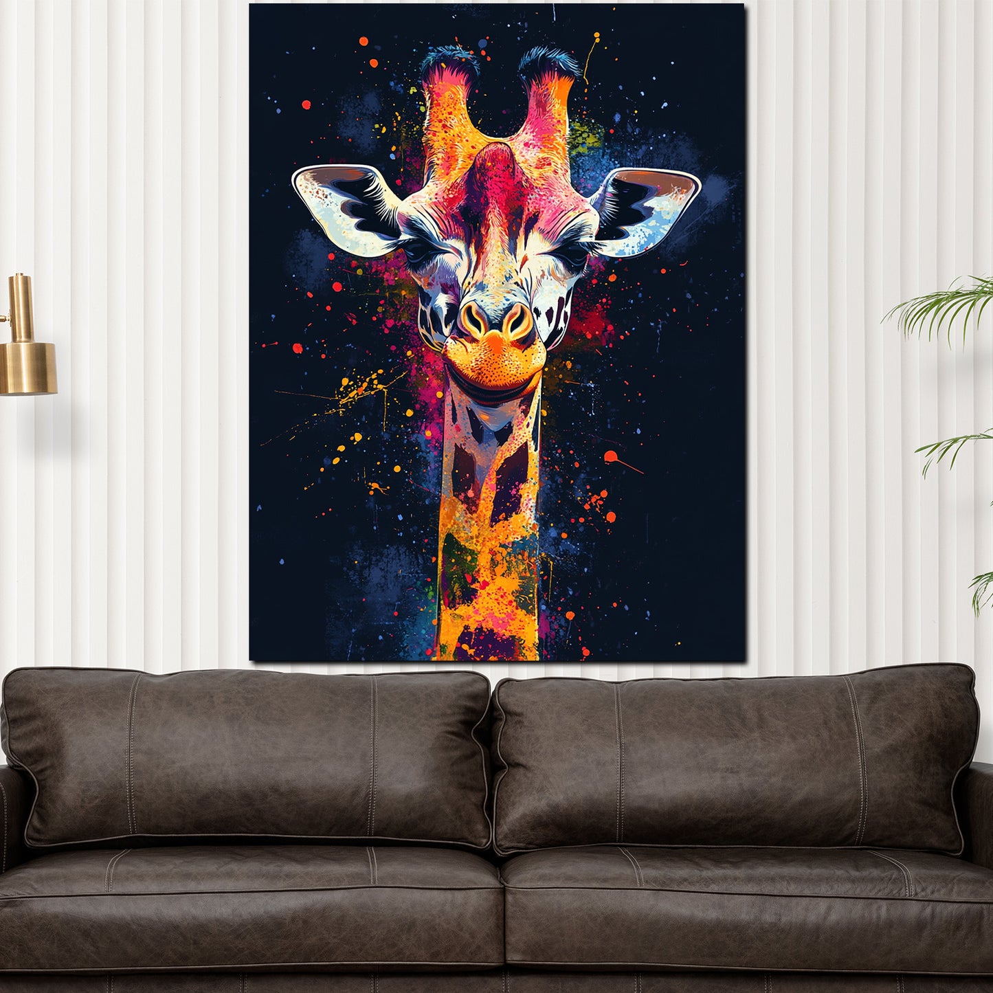 Wandbild Kunstwerk Pop Art Giraffe mit Farbspritzern