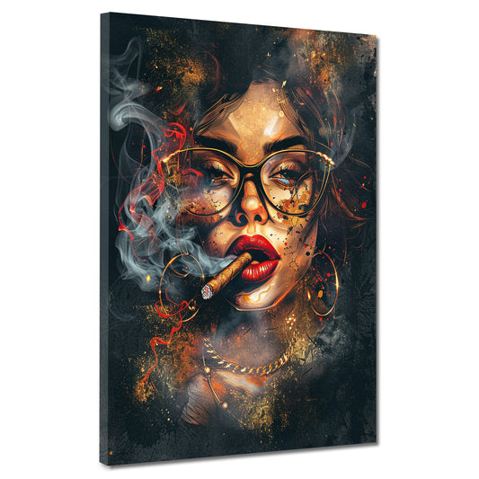 Wandbild Kunstwerk abstrakt rauchende Frau mit Brille Pop Art