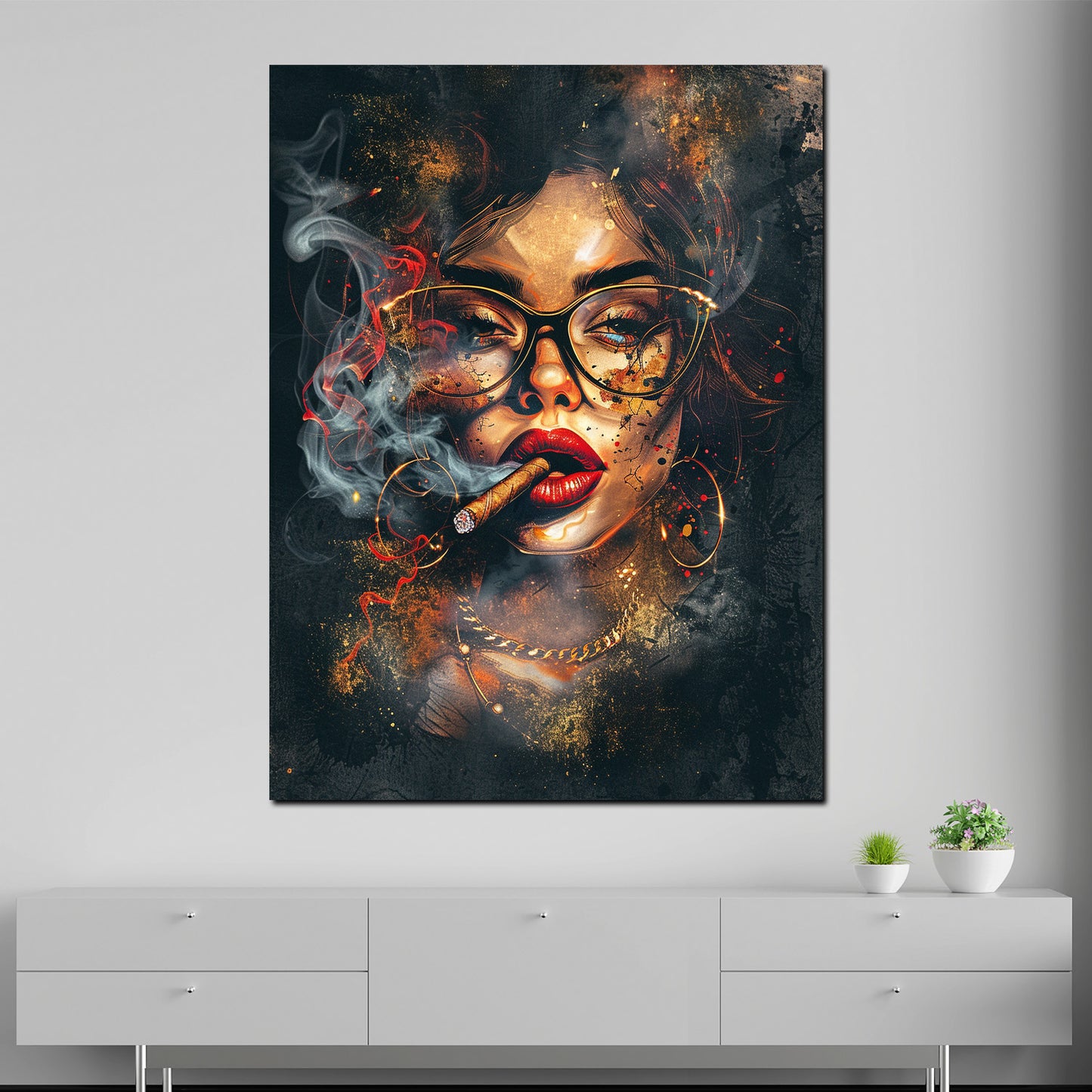 Wandbild Kunstwerk abstrakt rauchende Frau mit Brille Pop Art