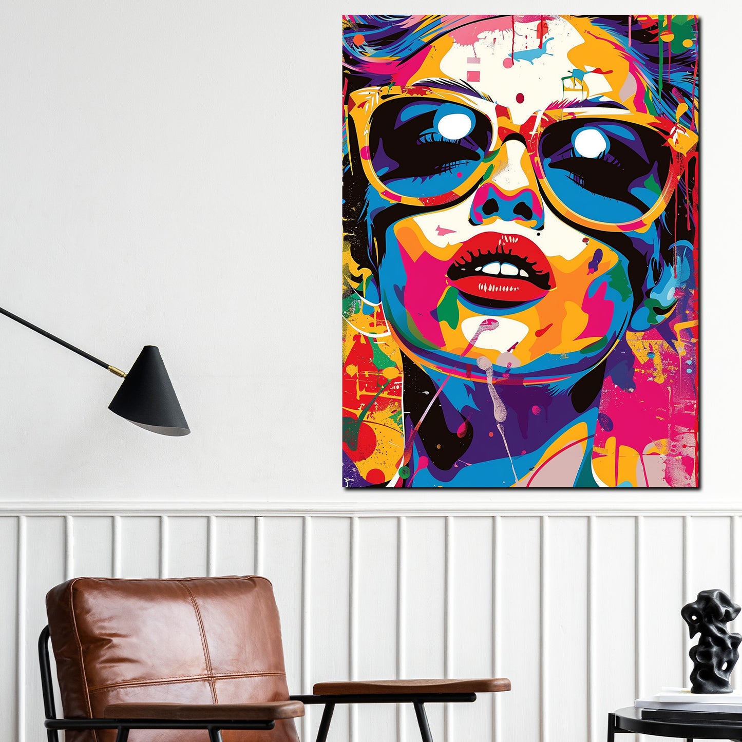 Wandbild Kunstwerk abstrakt stilvolle Frau mit Brille Pop Art