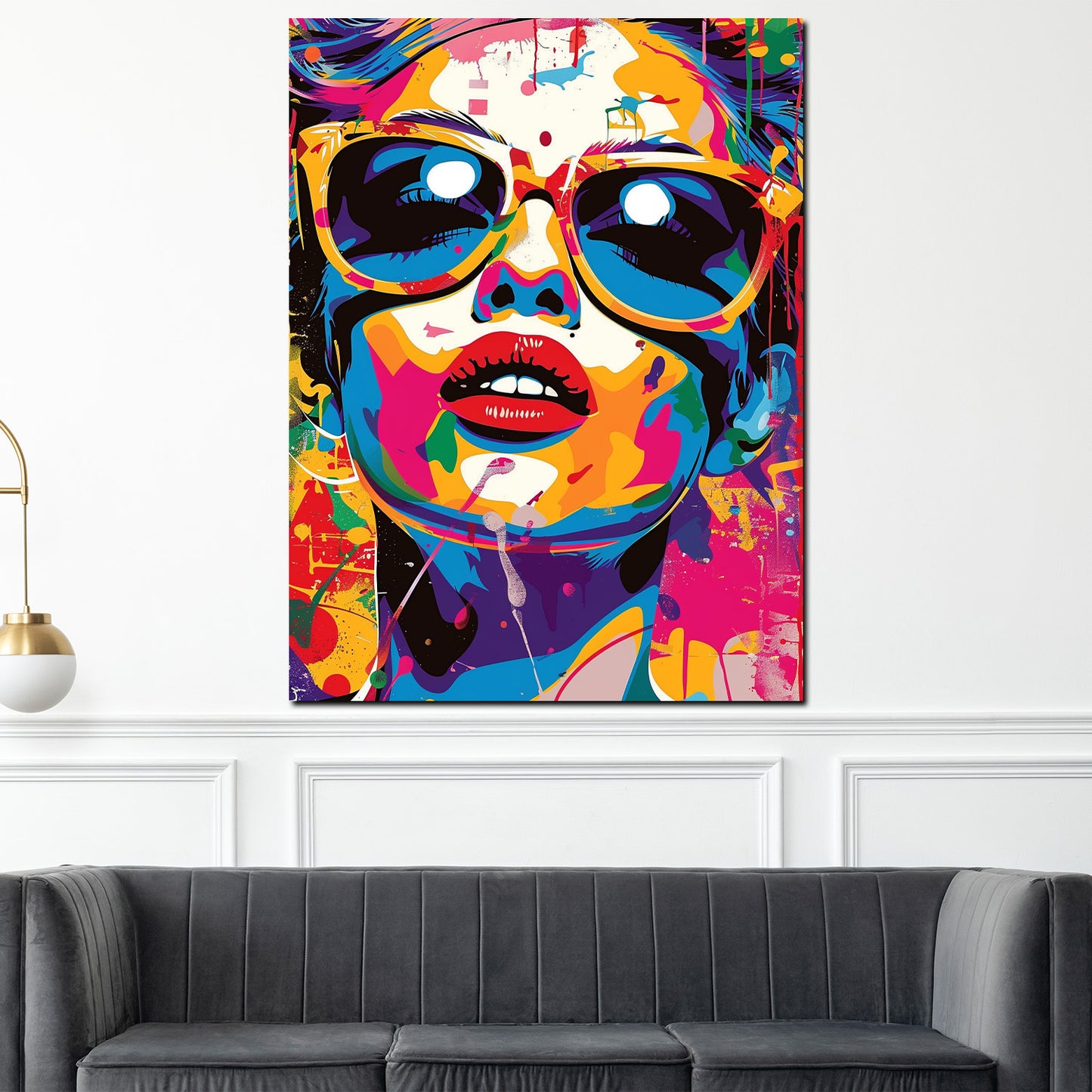 Wandbild Kunstwerk abstrakt stilvolle Frau mit Brille Pop Art