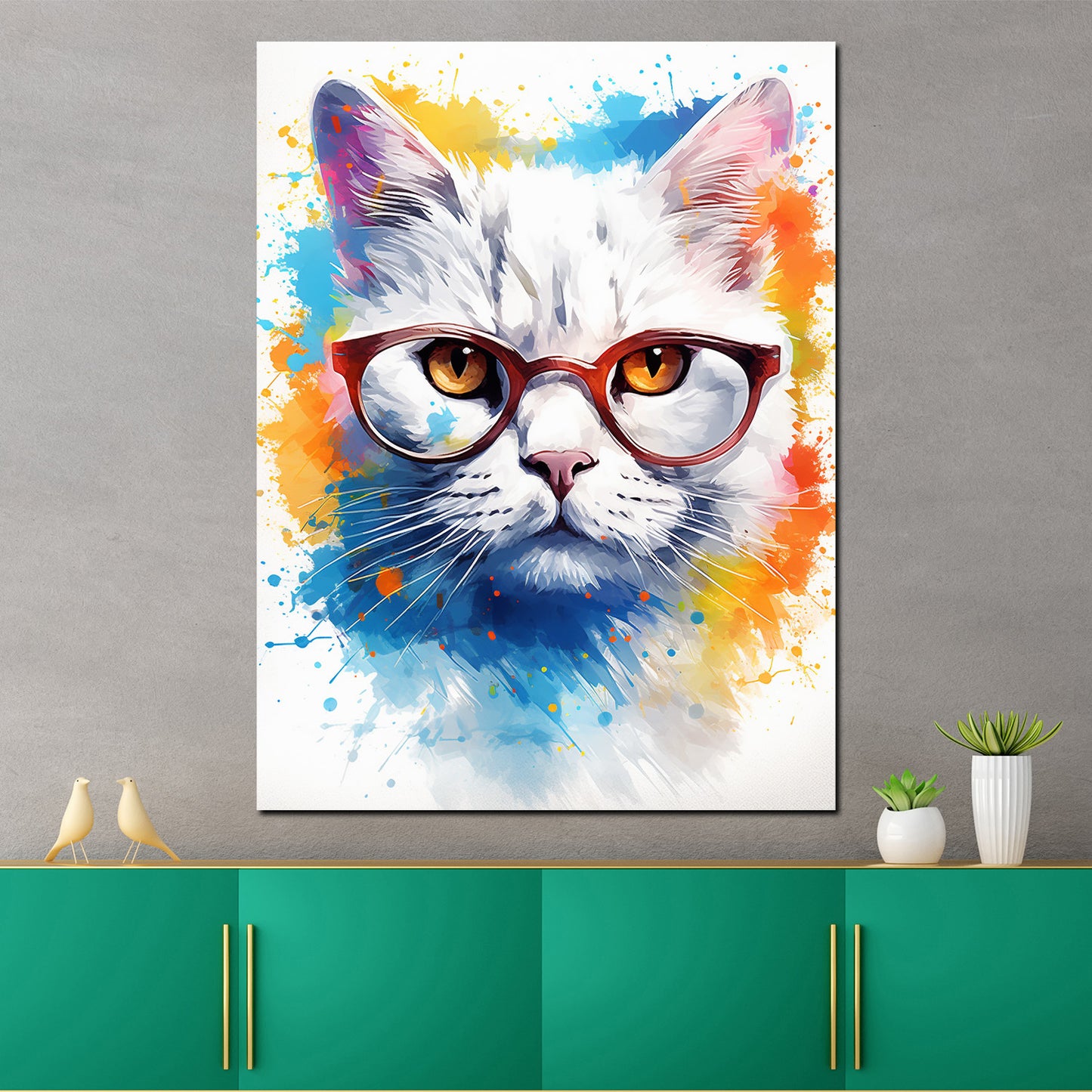 Pop Art Abstrakt weiße Katze mit Brille Wandbild Kunstwerk