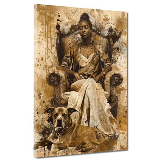 Wandbild Kunstwerk afrikanische Königin mit Hund im Vintage Design