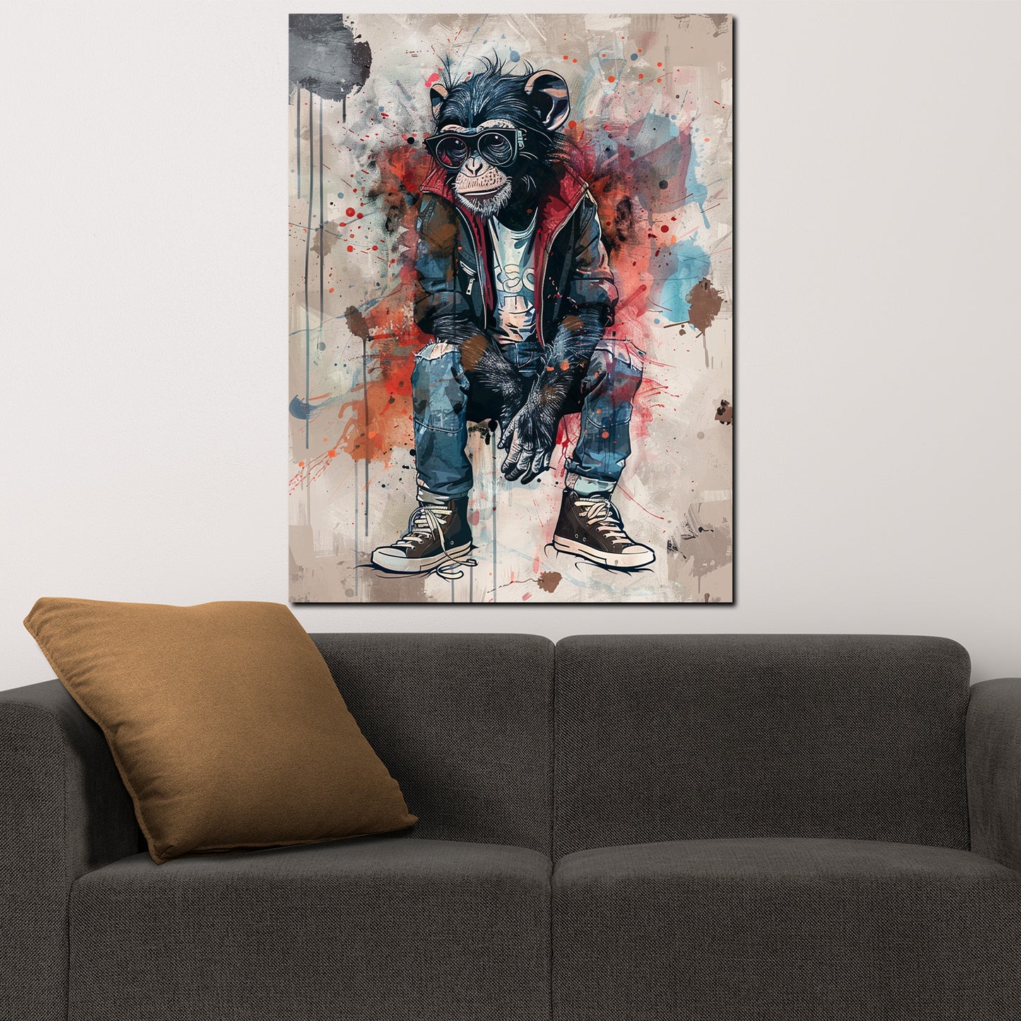 Cooler Affe mit Hoodie und Sneakers Wandbild Kunstwerk