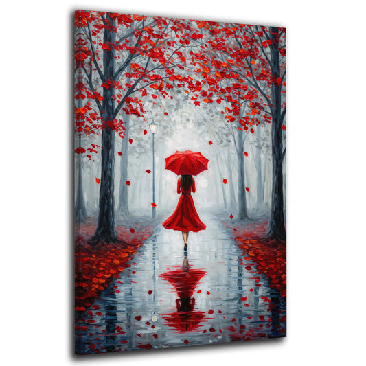 Wandbild Kunstwerk elegante Frau roter Schirm Herbstwald romantisch modern