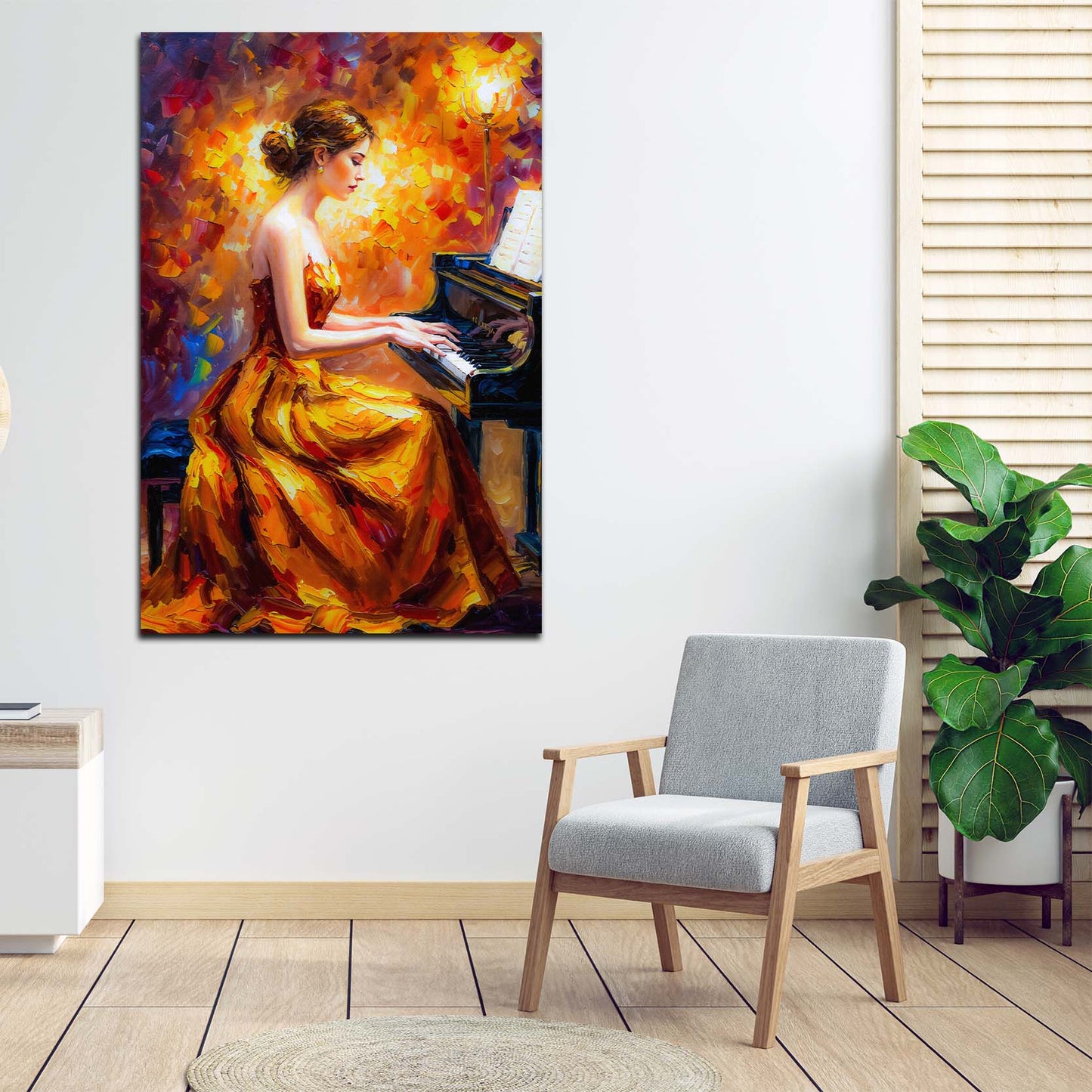 Wandbild Kunstwerk elegante Pianistin im Abendkleid Musik modern
