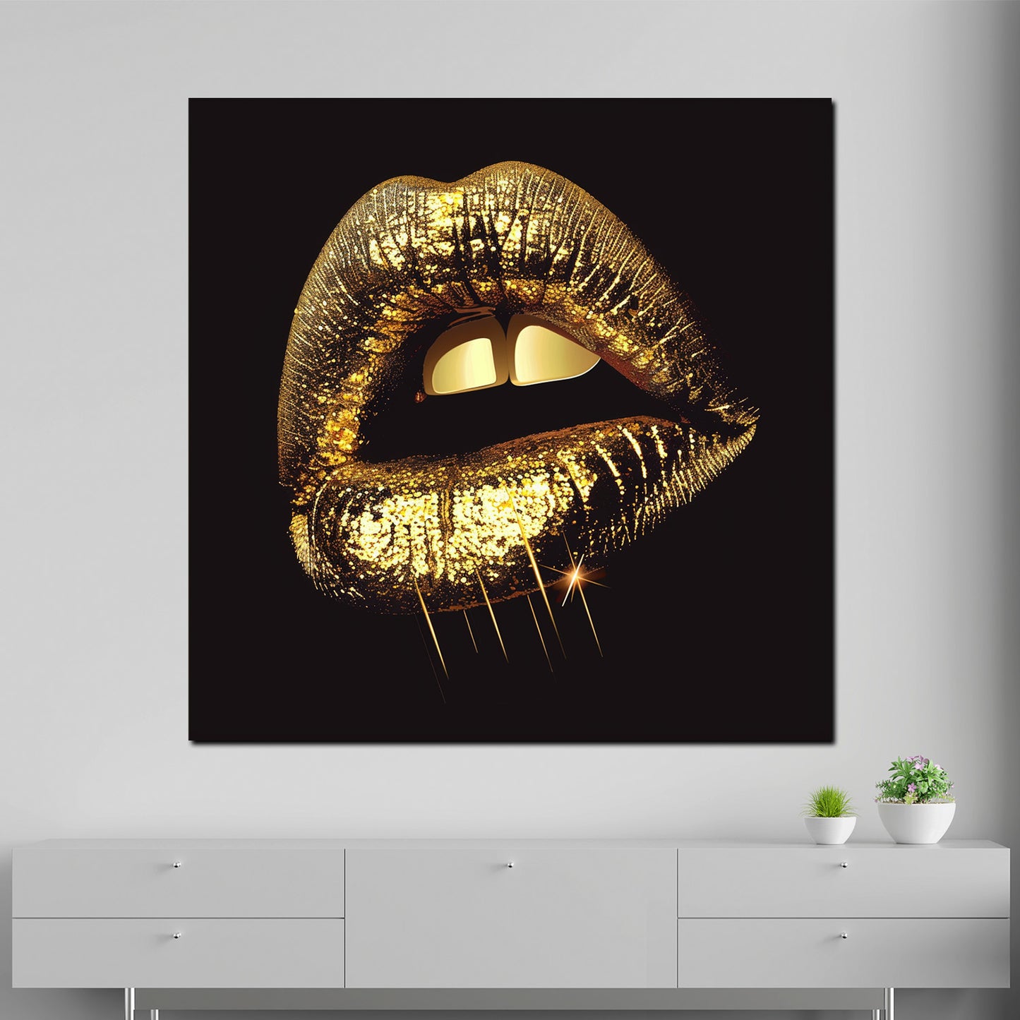 Glänzende goldene Lippen Wandbild Kunstwerk