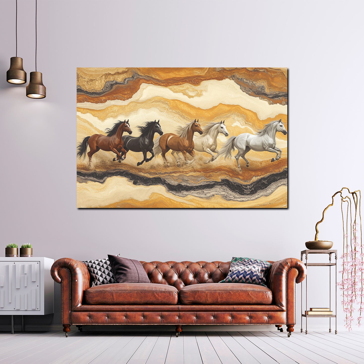 Wandbild Kunstwerk malerische galoppierende Pferde Sandfarben modern
