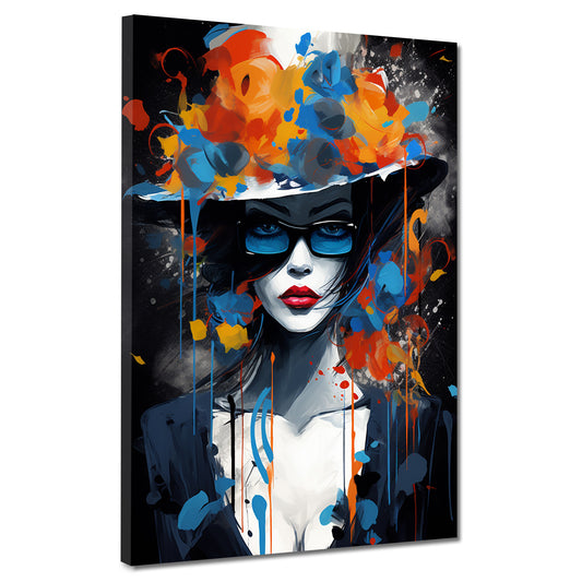 Wandbild Kunstwerk mysteriöse Frau mit Brille und Blumenhut
