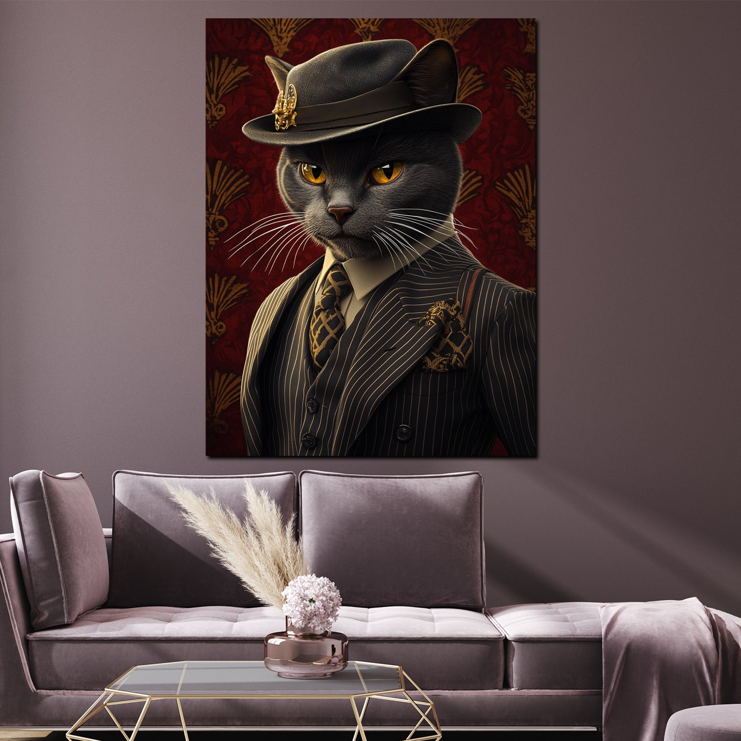 Schwarze Katze Anzug Hut Stil Vintage Eleganz Wandbild Kunstwerk