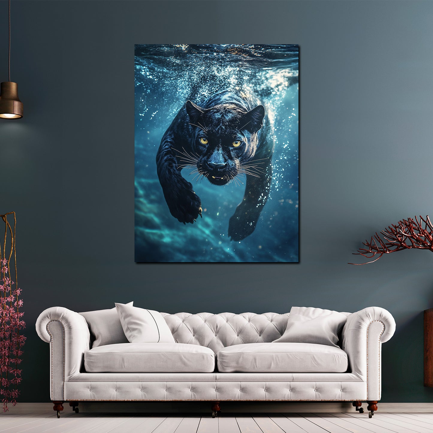 Wandbild Kunstwerk schwarzer Panther beim Eintauchen Energie Raubtier modern