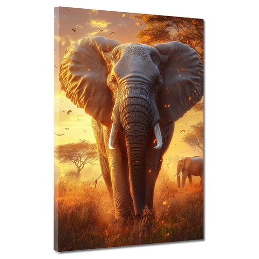 Wandbild abstrakt Elefant in der Savanne bei Sonnenuntergang