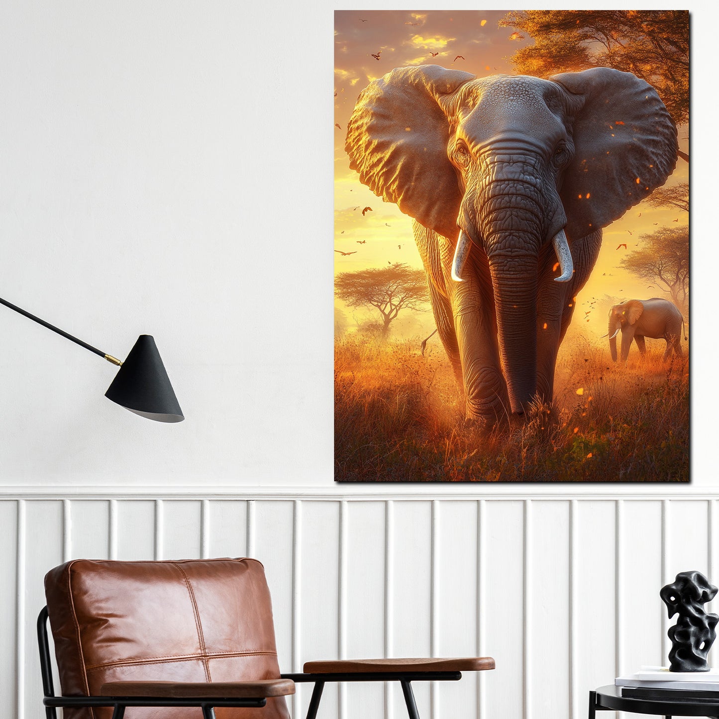 Wandbild abstrakt Elefant in der Savanne bei Sonnenuntergang