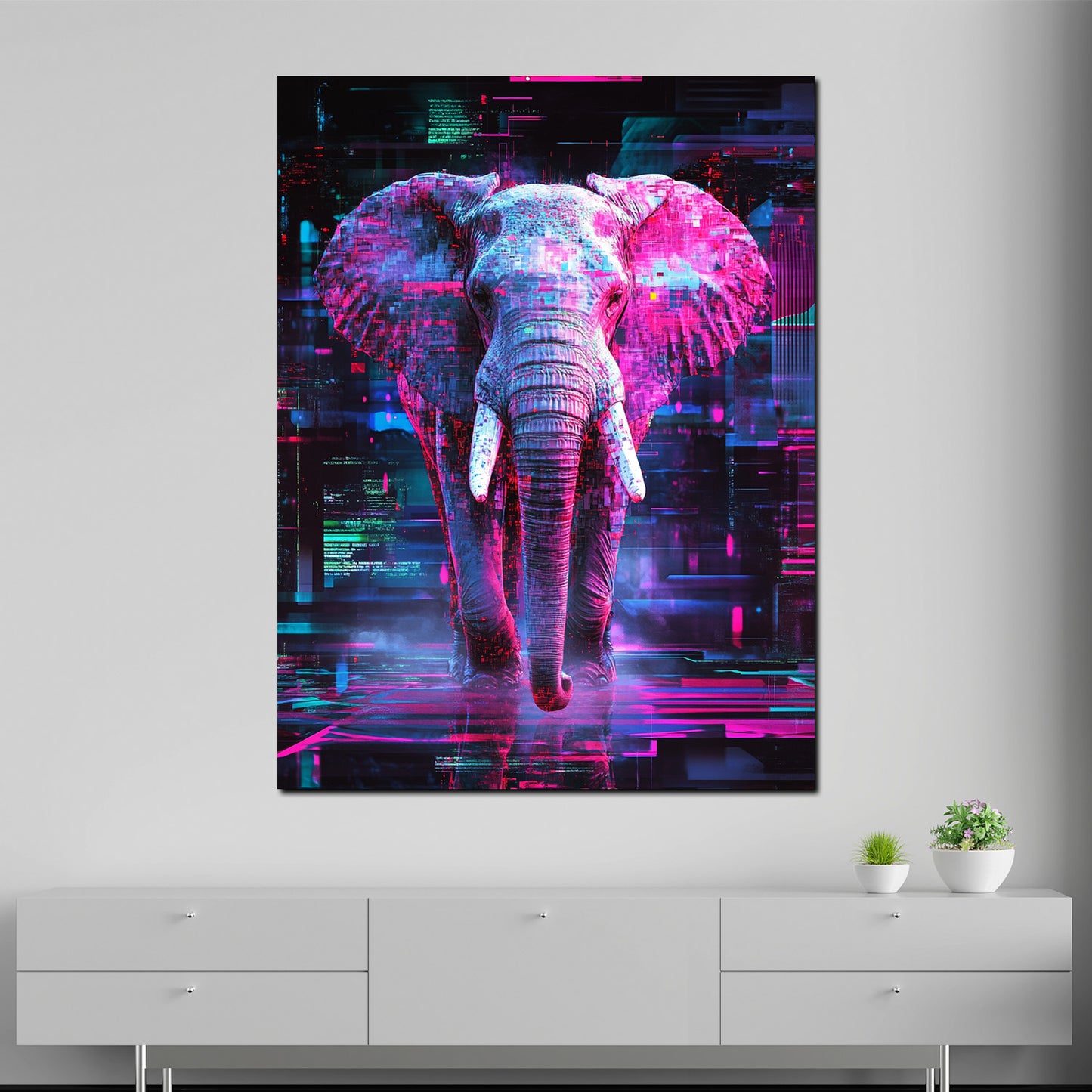 Wandbild abstrakt Elefant mit Neon Farben und futuristischem Design