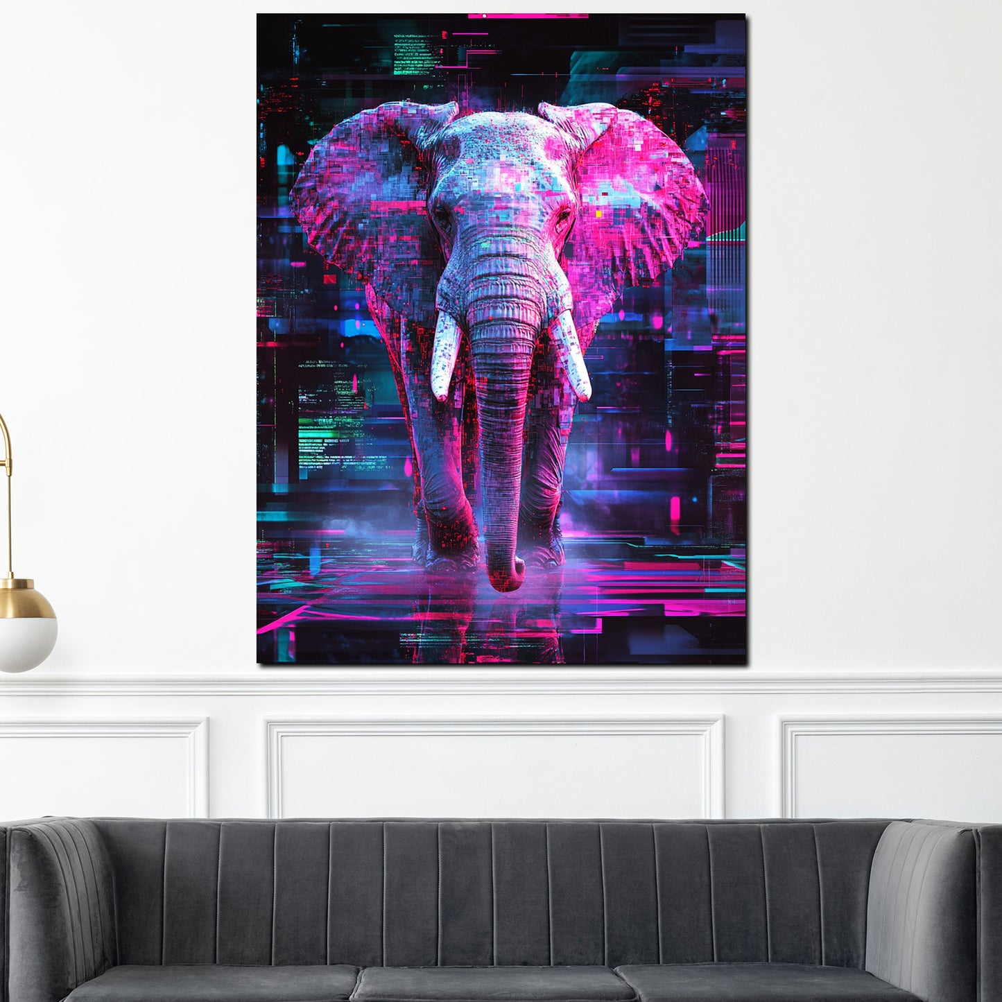 Wandbild abstrakt Elefant mit Neon Farben und futuristischem Design