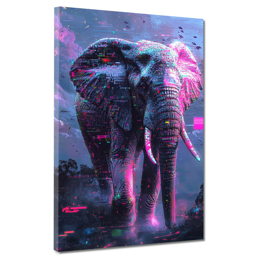 Wandbild abstrakt Elefant mit futuristischen Lichteffekten und Neon Farben