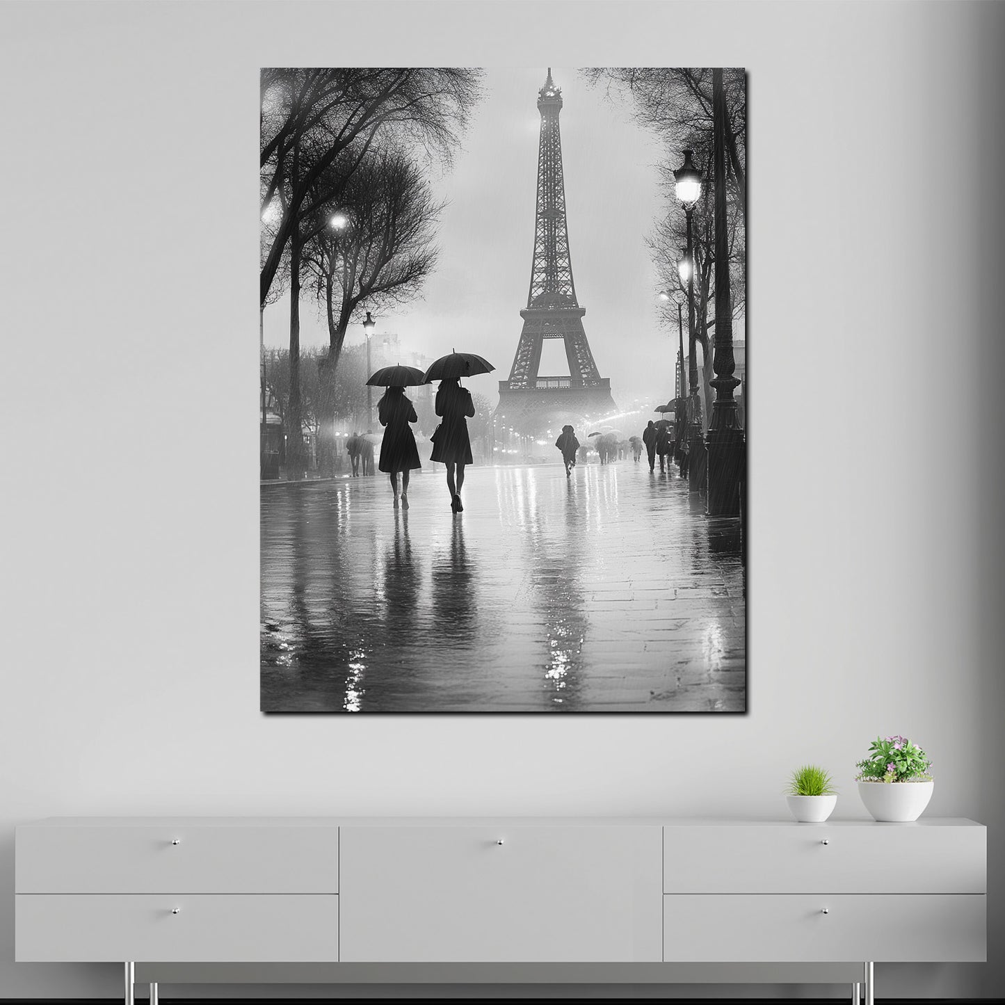 Wandbild abstrakt Paris Eiffelturm romantisch im Regen schwarz weiß