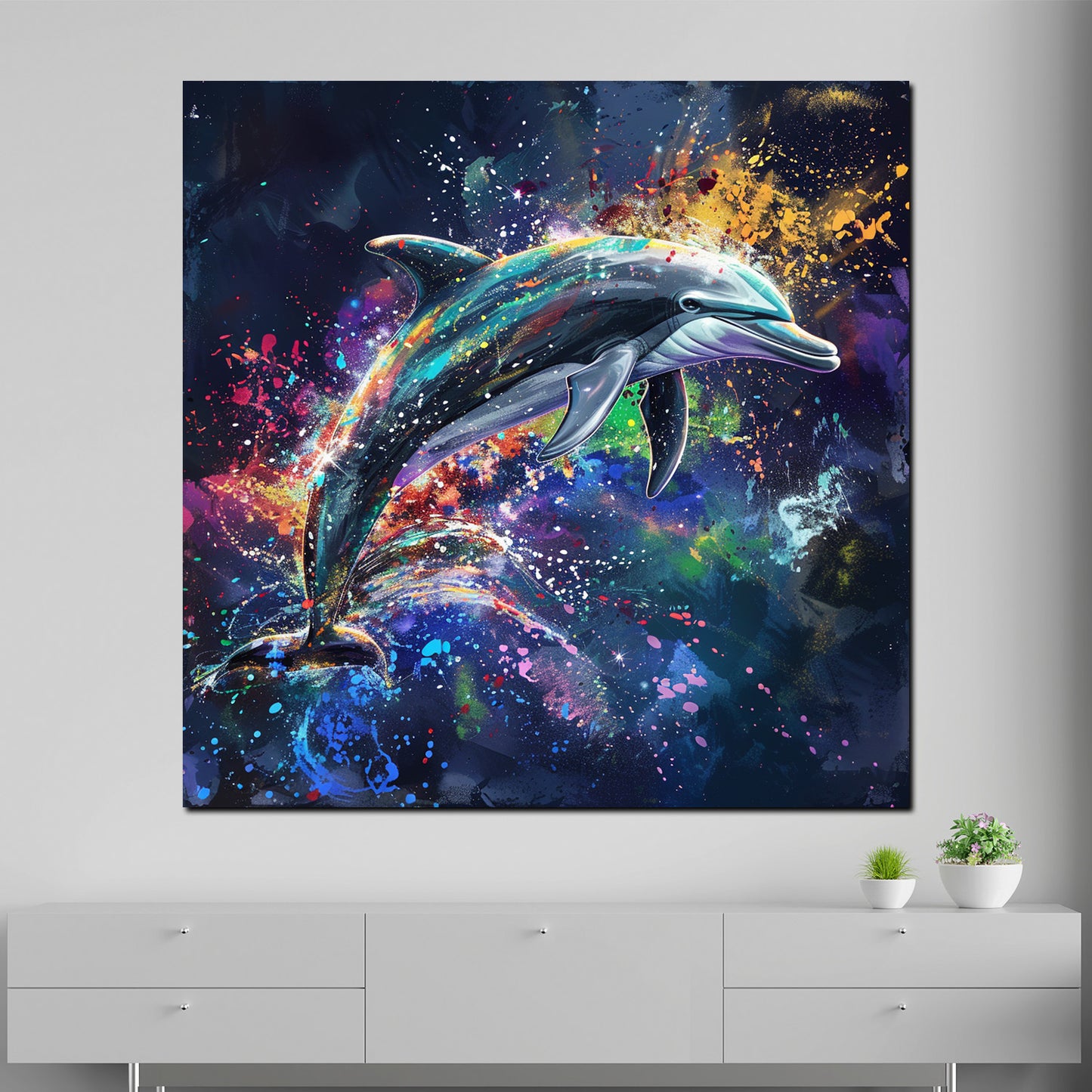 Pop Art abstrakt mit dynamischem Delfin Wandbild Kunstwerk