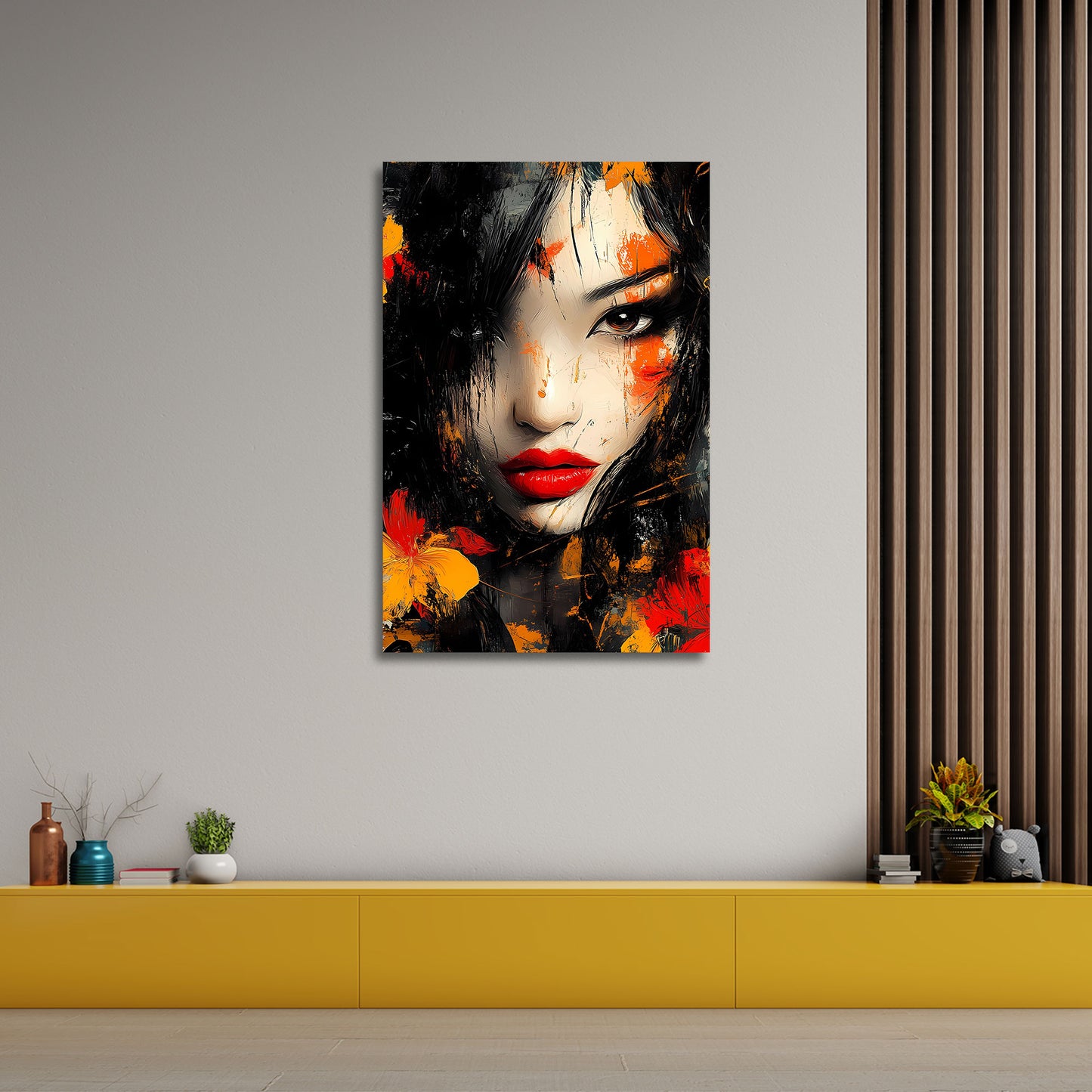 Abstrakt Frauengesicht mit floralen Details Wandbild