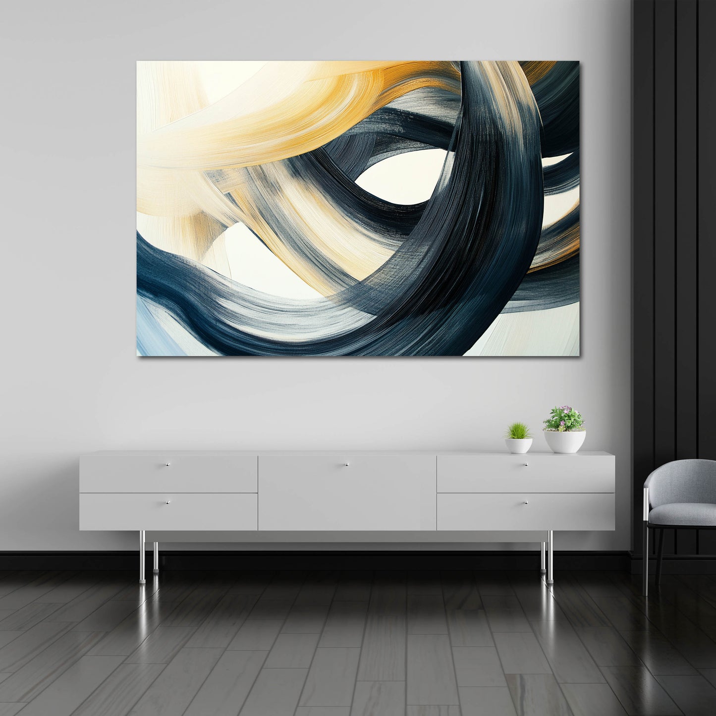 Abstrakt Pinselschwünge Beige Schwarz auf Weiß Wandbild