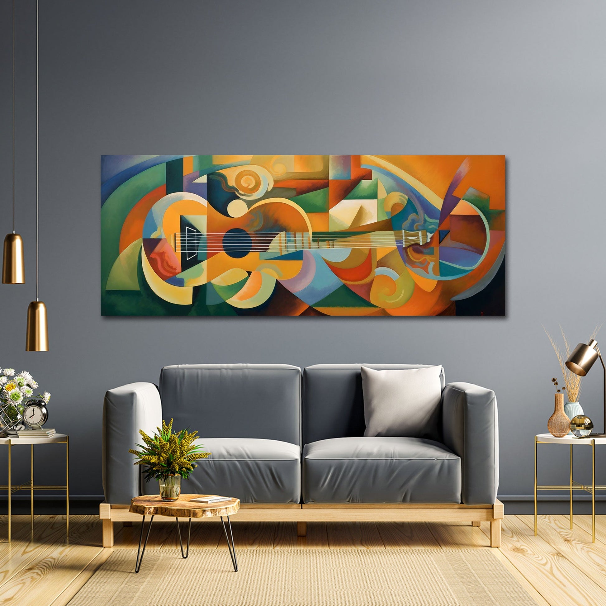 Abstrakte Gitarre in Orange und Türkis Wandbild