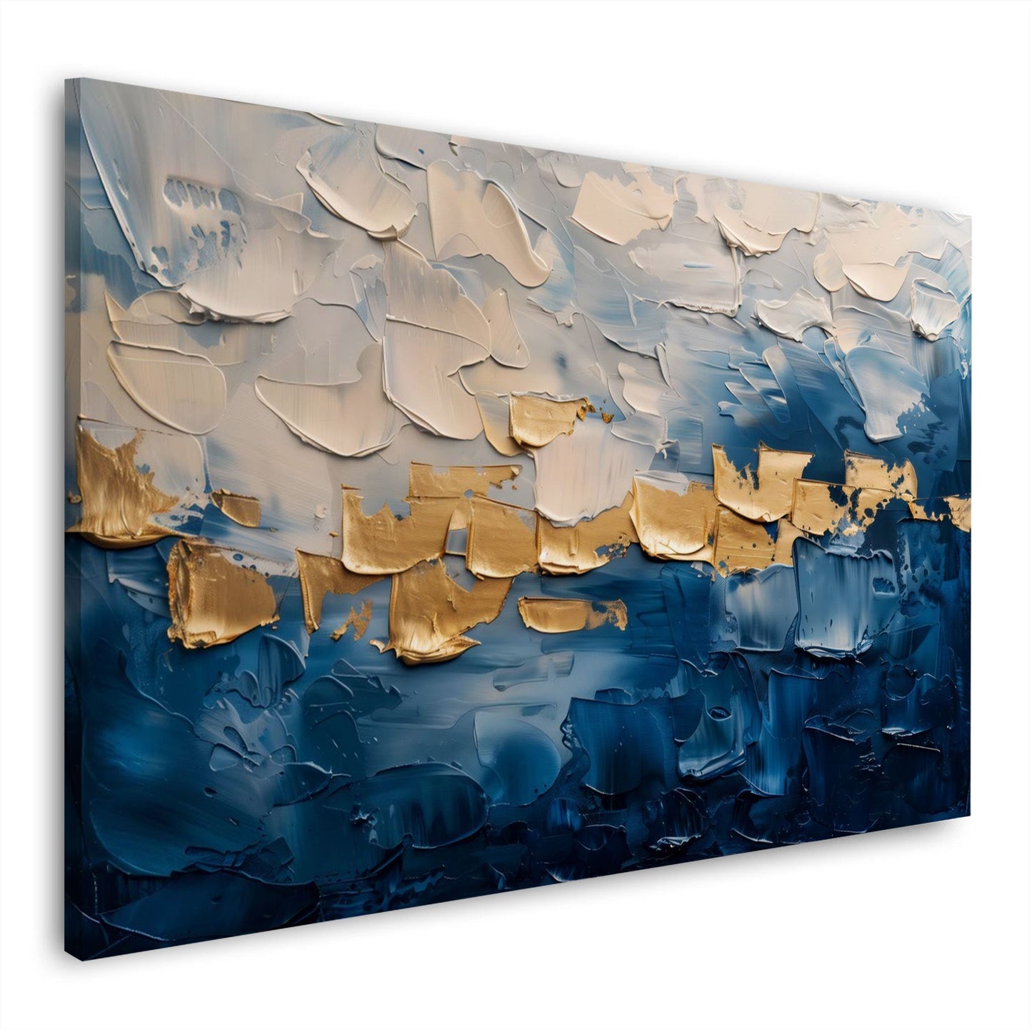 Abstrakte Kunst in Blau, Cremeweiß und Gold in Spachteltechnik – Wandbild im Querformat