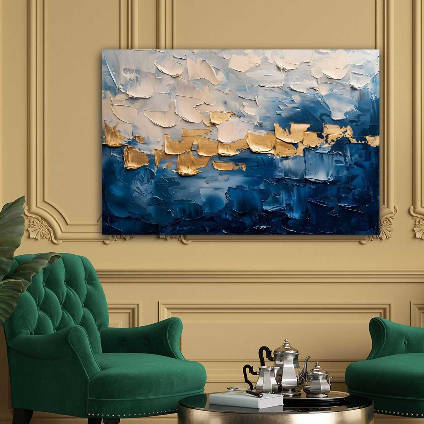 Abstraktes Wandbild in Blau und Gold über dem Sofa im Wohnzimmer