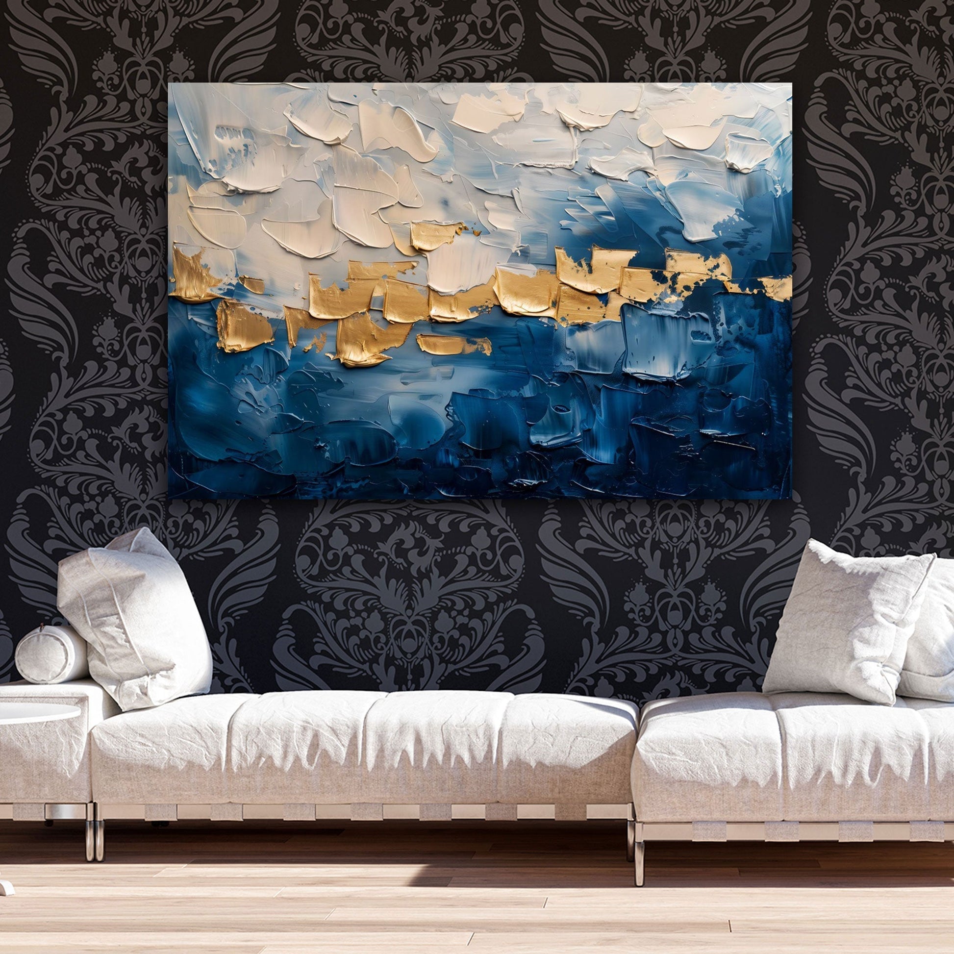 Abstrakte Kunst in Blau und Gold als Wandbild im modernen Büro