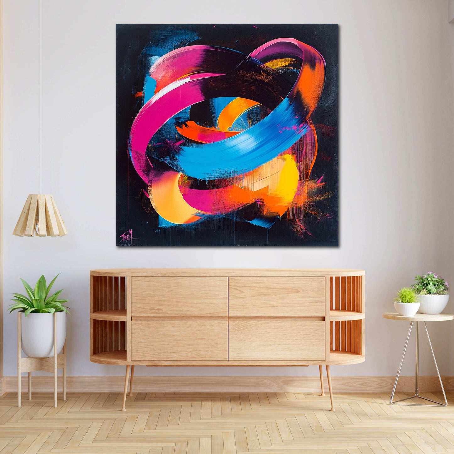 Abstrakt leuchtende Farbringe auf dunklem Hintergrund Wandbild